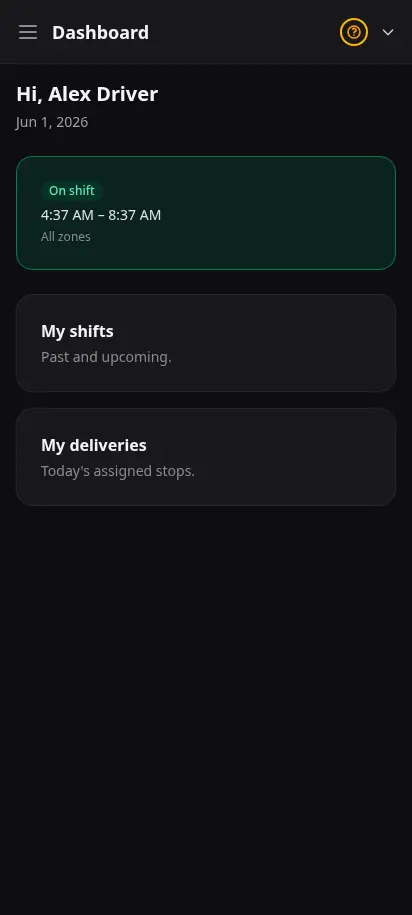 DabDash driver app dashboard showing the driver's shift status and assigned deliveries for the day — mobile view