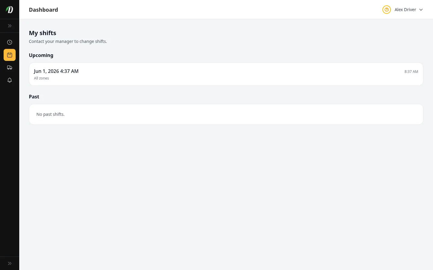 The My Shifts screen listing a driver's upcoming shifts with options to request a cancellation or propose a swap
