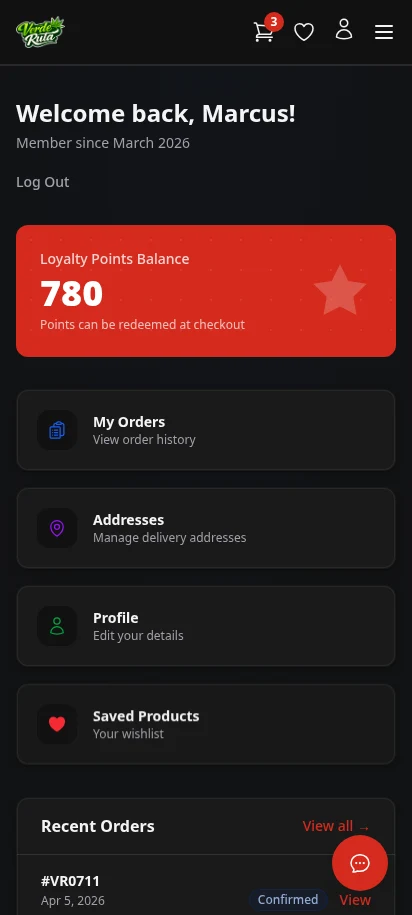 DabDash customer account dashboard showing loyalty points, recent orders, and quick navigation — mobile view
