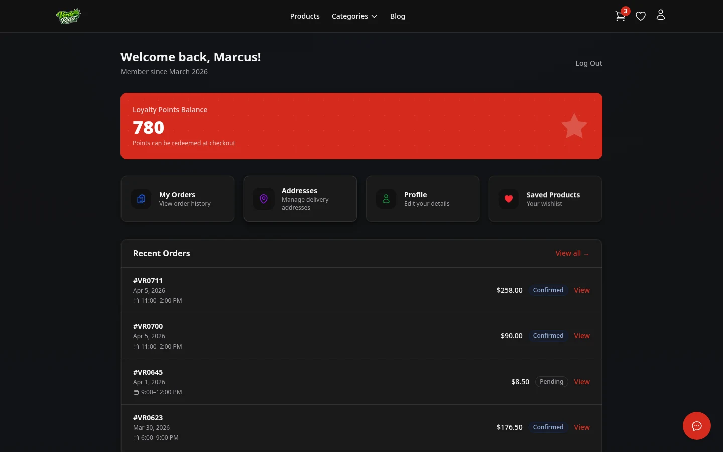 DabDash customer account dashboard showing loyalty points, recent orders, and quick navigation