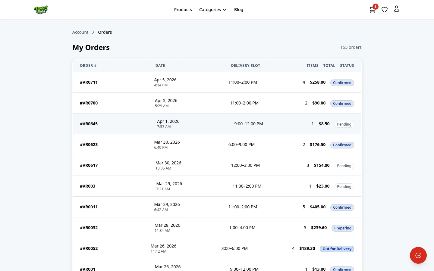 DabDash customer orders page showing past orders with status badges