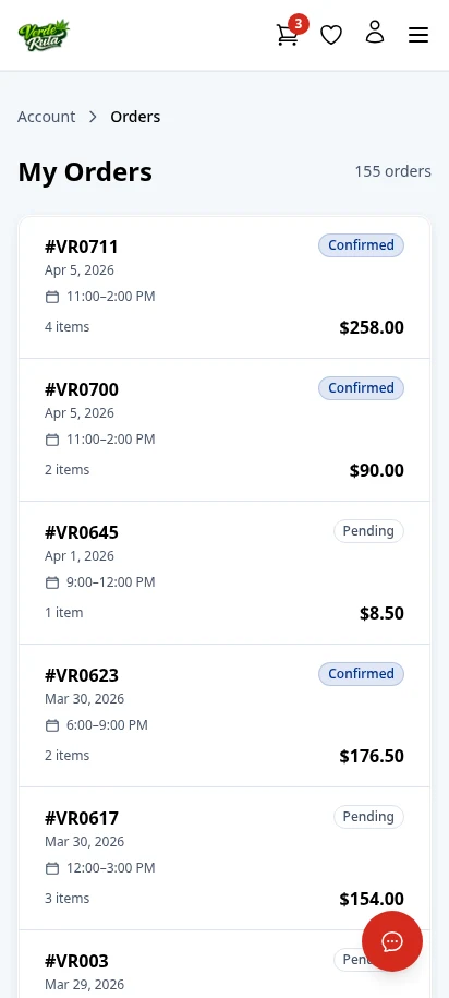 DabDash customer orders page showing past orders with status badges — mobile view