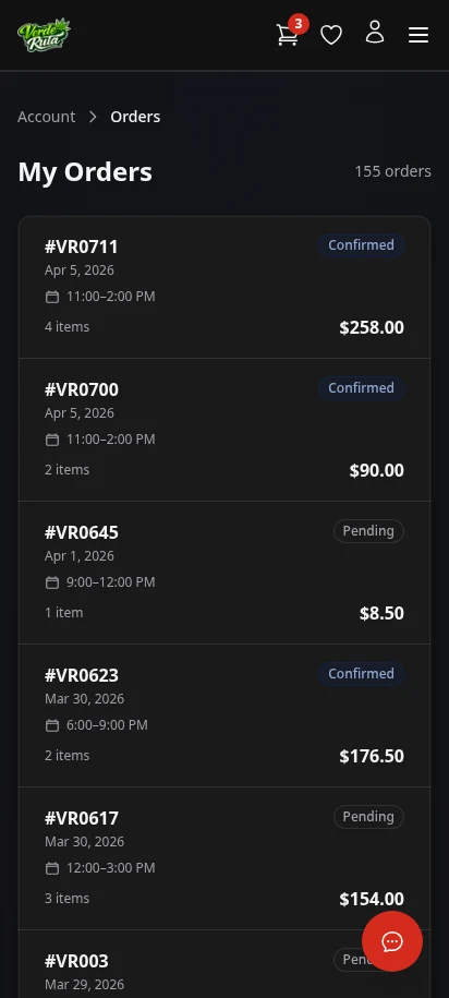 DabDash customer orders page showing past orders with status badges — mobile view