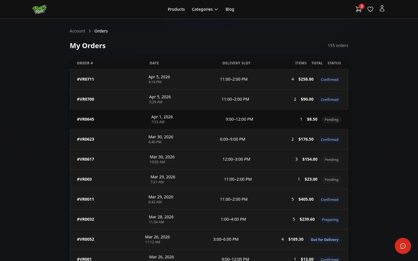 DabDash customer orders page showing past orders with status badges