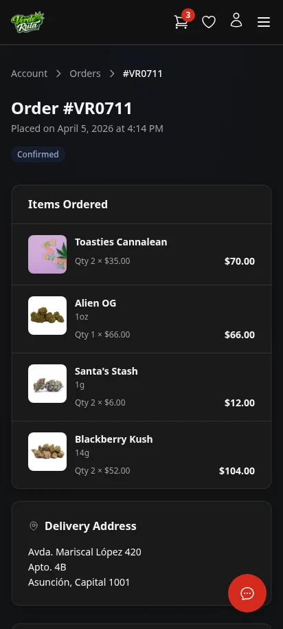DabDash customer order detail page showing items, address, fees, and order status — mobile view