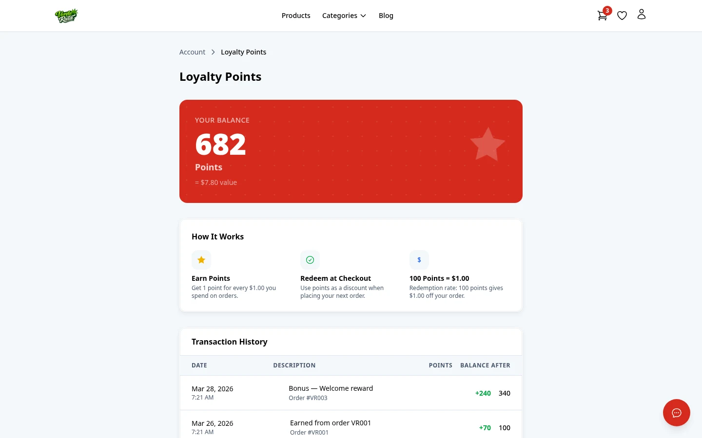 DabDash loyalty page showing points balance and reward history