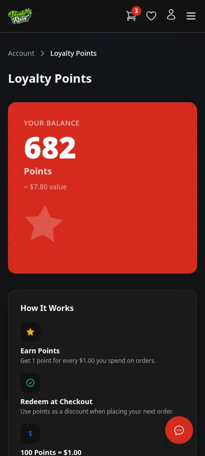 DabDash loyalty page showing points balance and reward history — mobile view