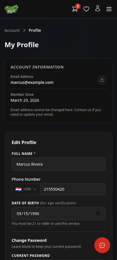 DabDash customer profile page showing saved account details and password controls — mobile view