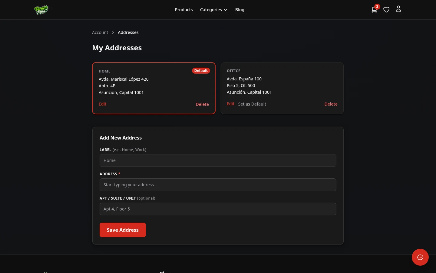 DabDash addresses page showing saved delivery addresses and default address controls