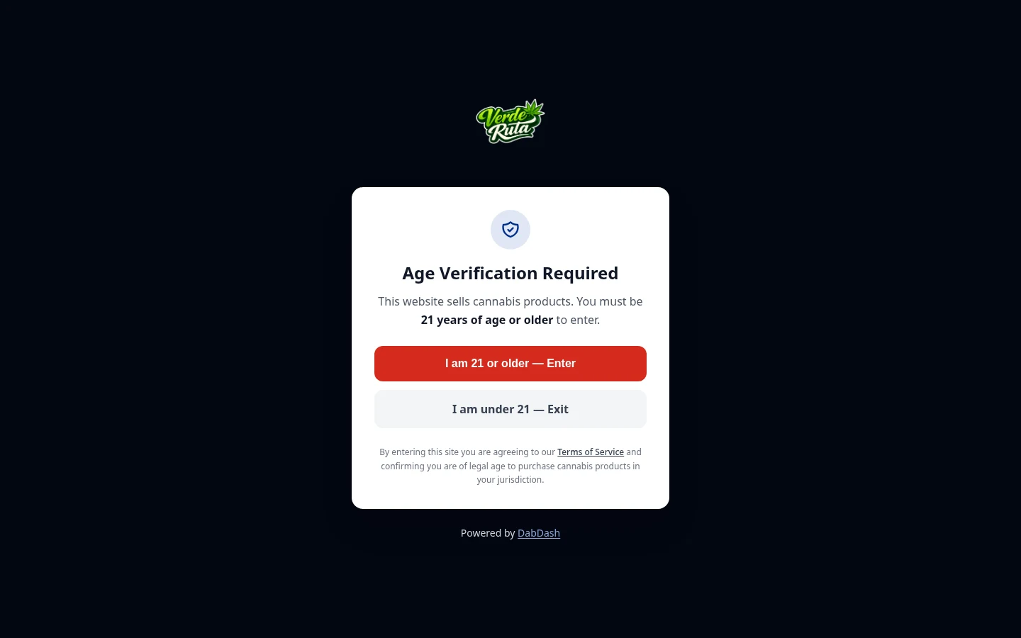 DabDash age verification gate asking visitors to confirm they are 21+ before entering the store