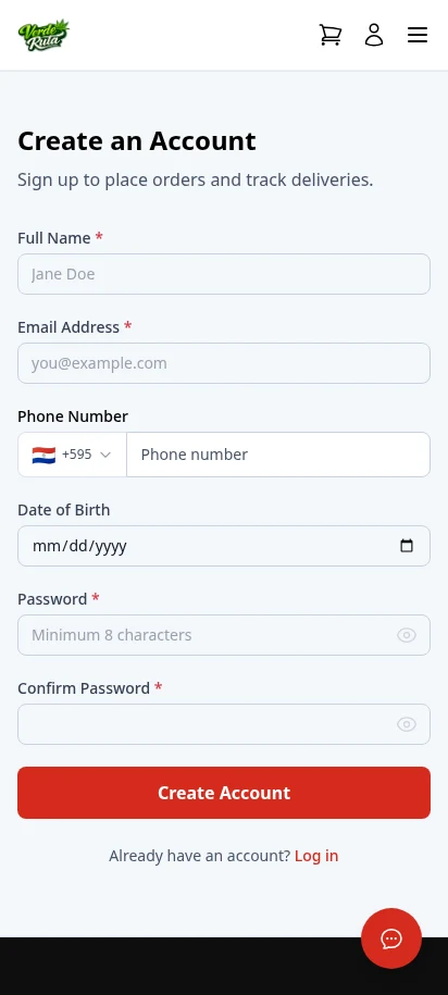 DabDash customer registration page with name, email, phone, date of birth, and password fields — mobile view