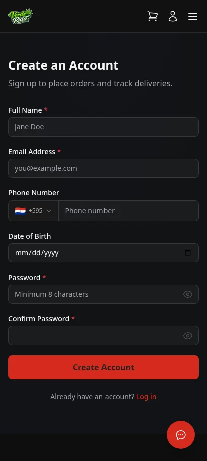 DabDash customer registration page with name, email, phone, date of birth, and password fields — mobile view
