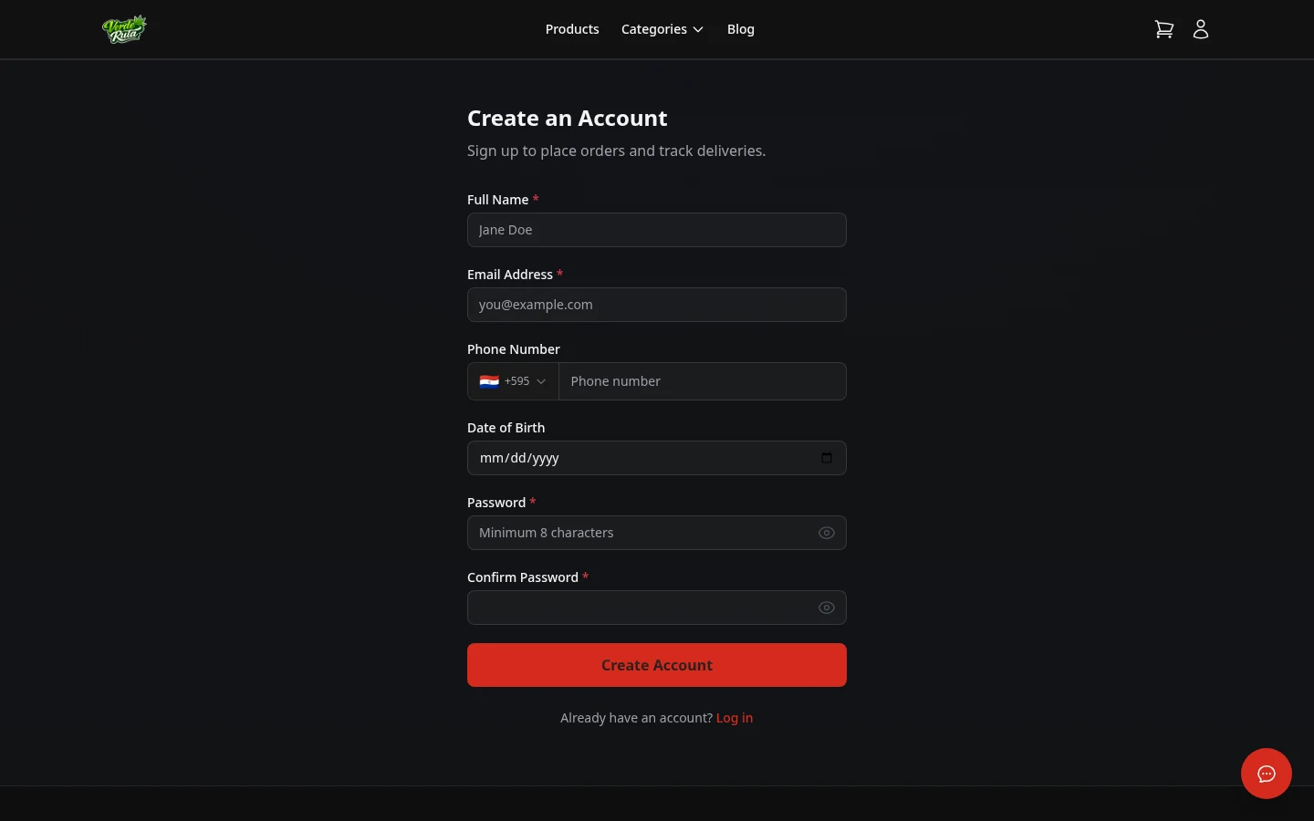 DabDash customer registration page with name, email, phone, date of birth, and password fields