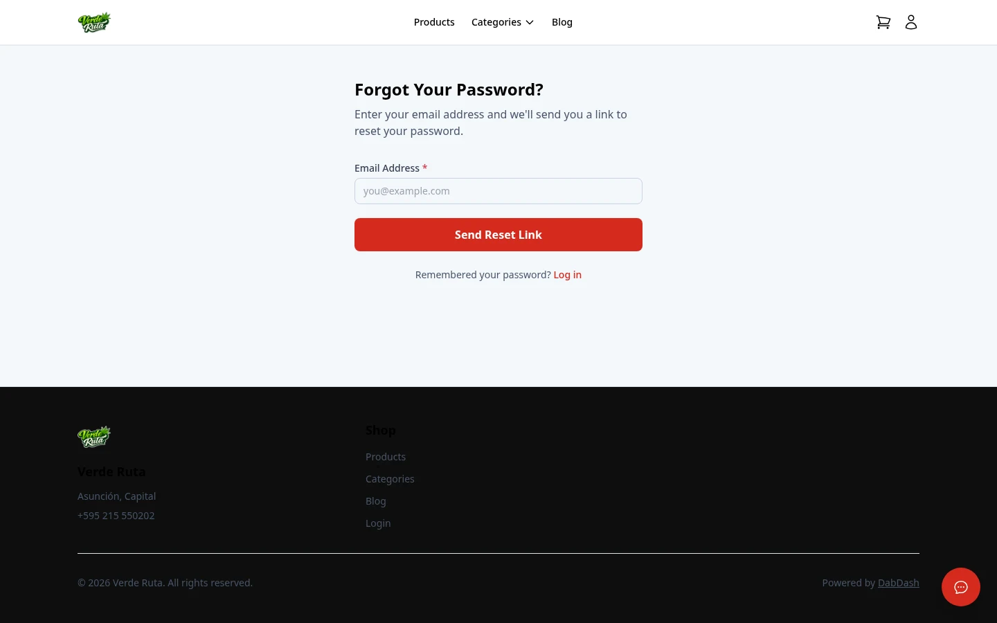 DabDash forgot password page with email input and reset link button