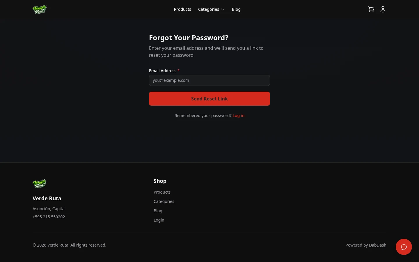 DabDash forgot password page with email input and reset link button