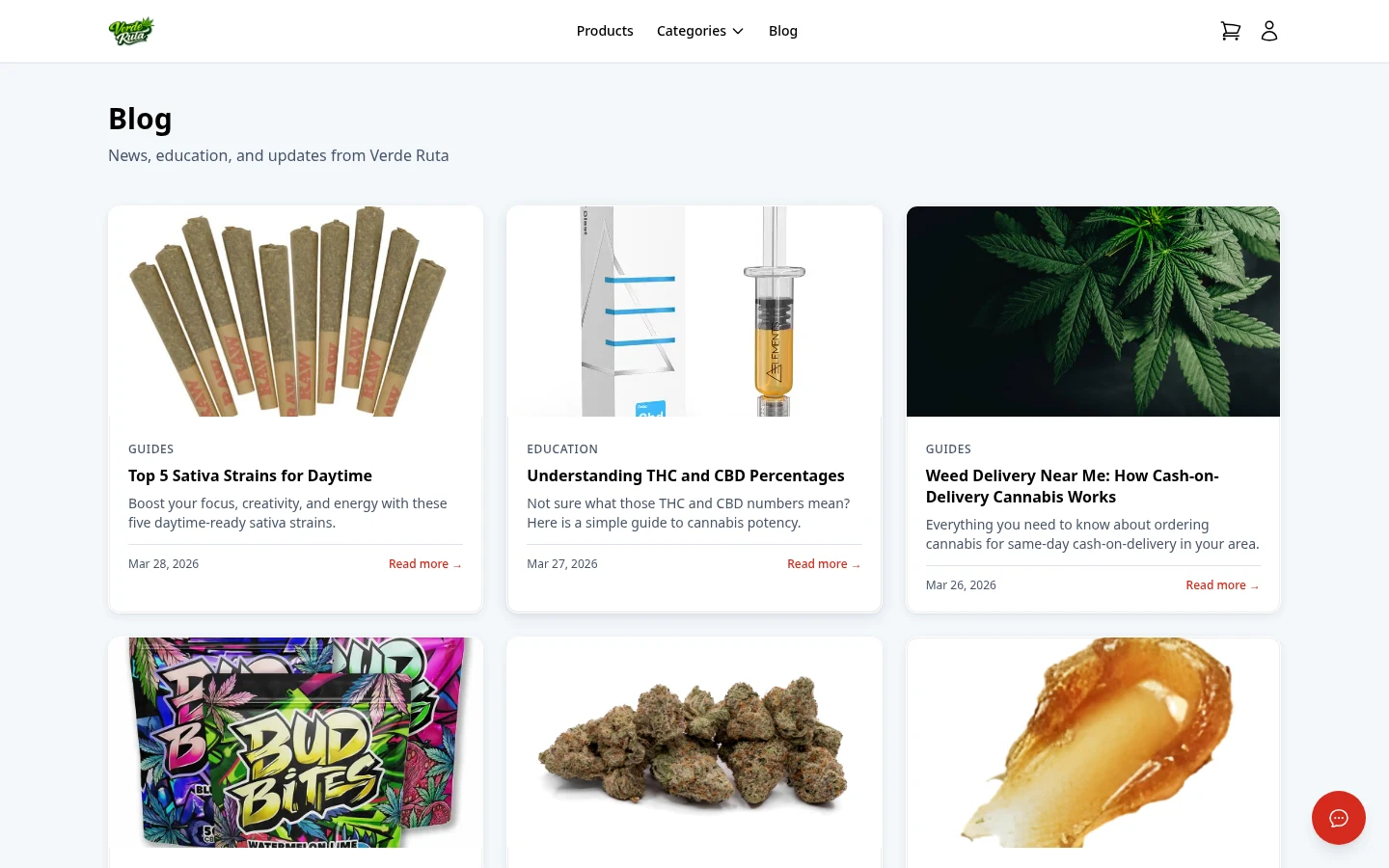 DabDash storefront blog page showing article cards and featured content