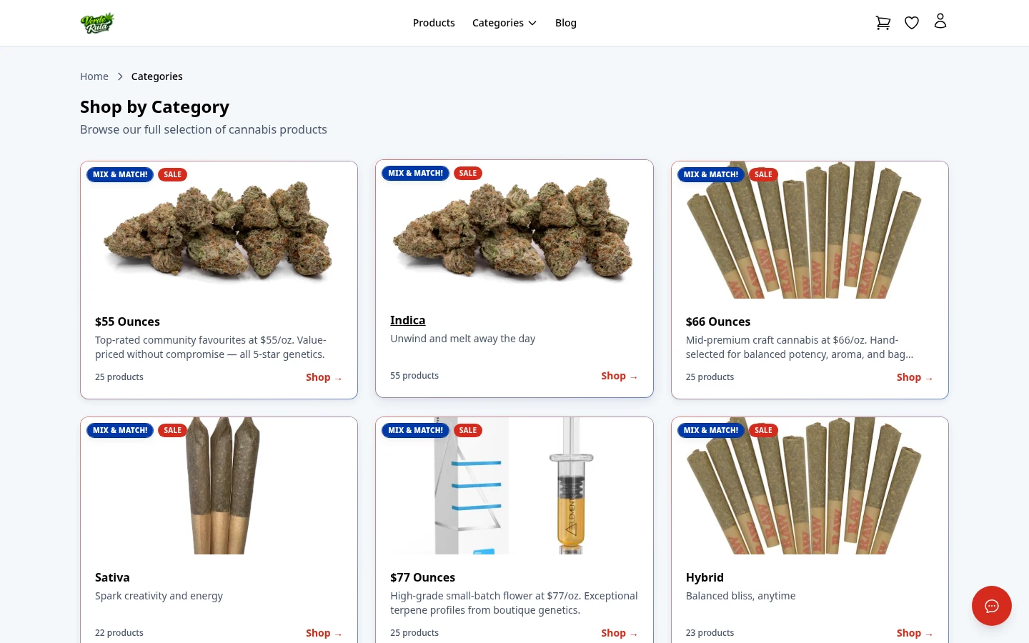 DabDash storefront categories page showing product counts and category cards