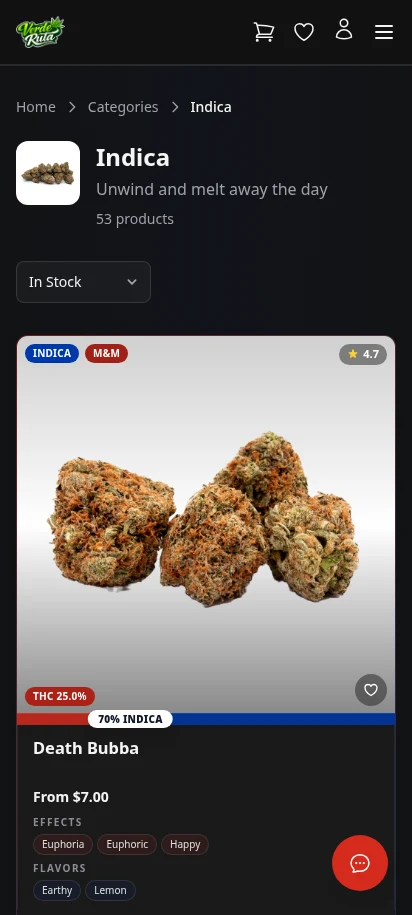 DabDash flower category page showing rich product cards with prices and strain details — mobile view