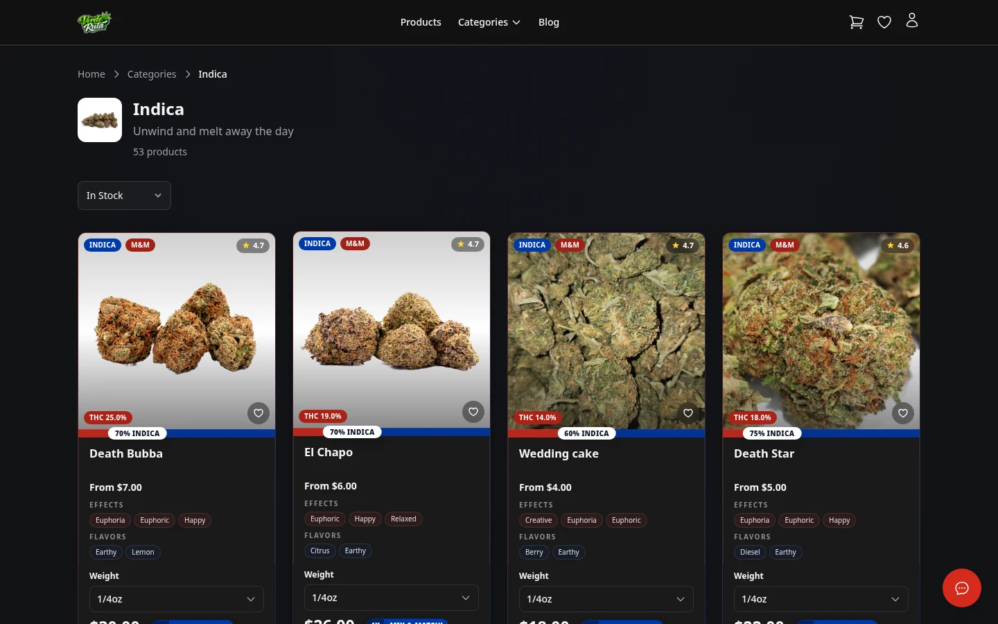 DabDash flower category page showing rich product cards with prices and strain details
