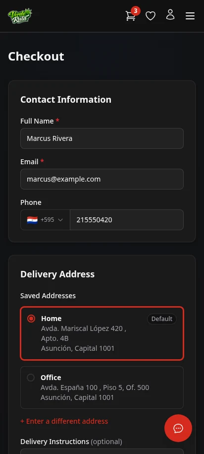 DabDash checkout page showing saved addresses, delivery time slot picker, and order summary