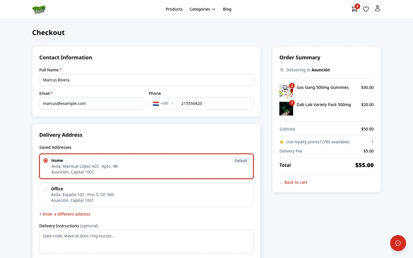 Checkout page for a logged-in customer with name, email, and phone pre-filled from the account