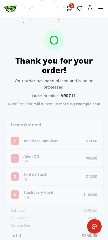 DabDash order confirmation page showing order number, items ordered, and total with confetti