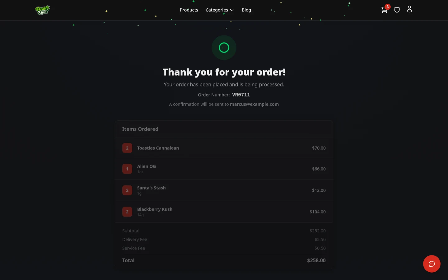DabDash order confirmation page showing order number, items ordered, and total with confetti