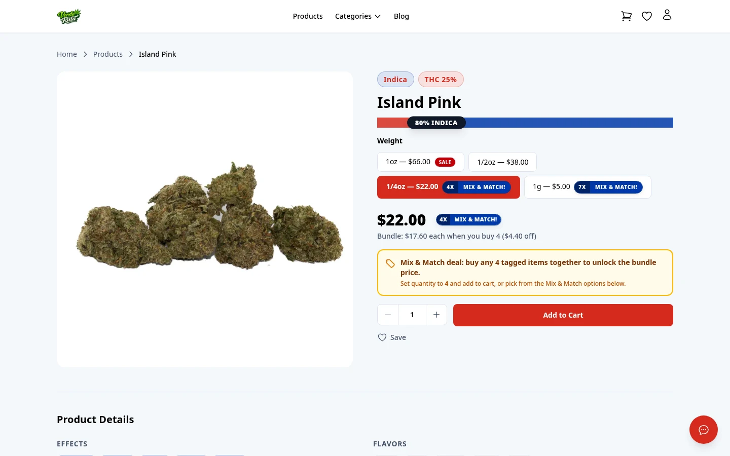 DabDash product detail page showing strain facts, variation picker, and product images