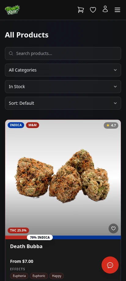 DabDash product catalog with search, category filters, and rich product cards — mobile view