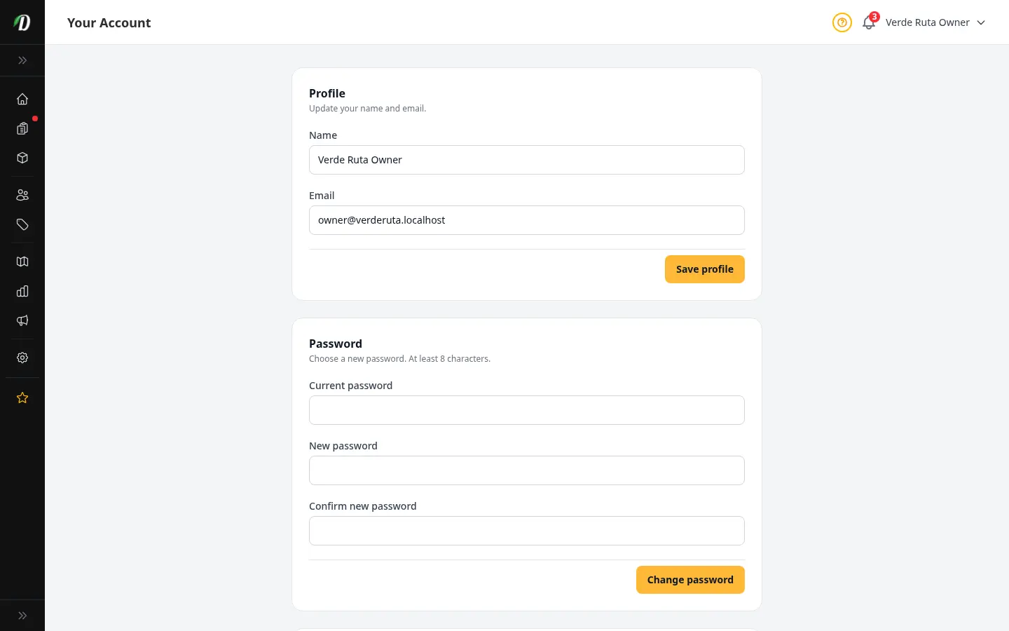 DabDash your account page showing personal profile fields for display name and contact email