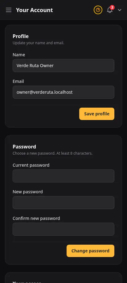 DabDash your account page showing personal profile fields for display name and contact email — mobile view