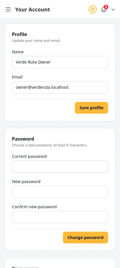 DabDash account access page showing the change password form scoped to the signed-in user — mobile view