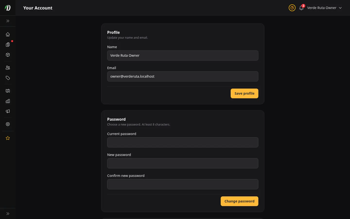 DabDash account access page showing the change password form scoped to the signed-in user