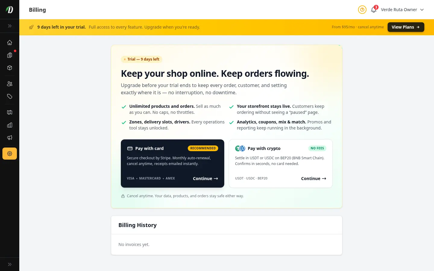 DabDash trial dashboard — no card required