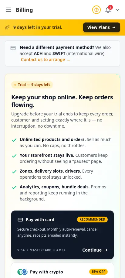 DabDash billing page showing an active free trial with plan details and upgrade options — mobile view