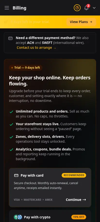 DabDash billing page showing an active free trial with plan details and upgrade options — mobile view