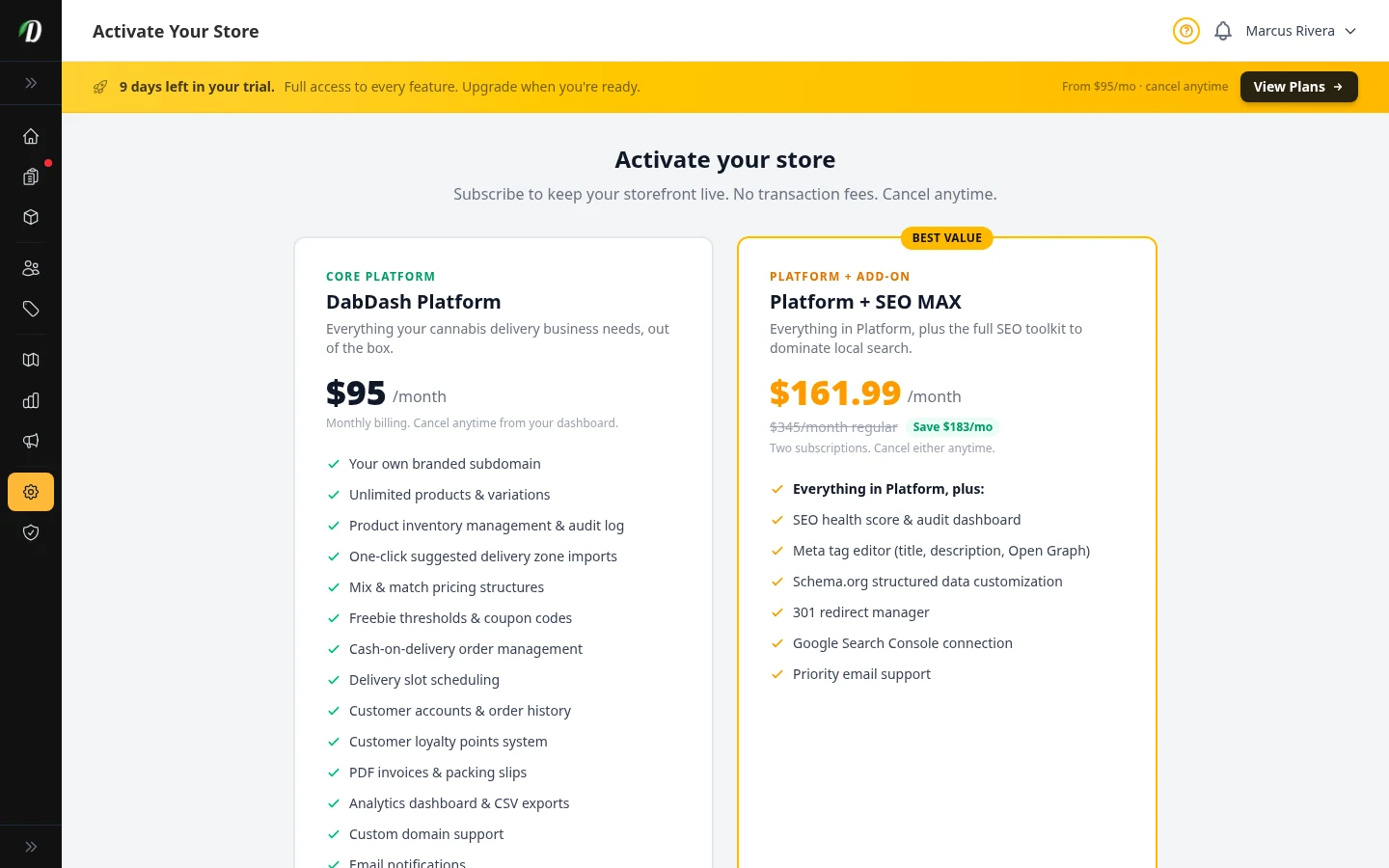 Billing subscribe page with plan cards and checkout buttons