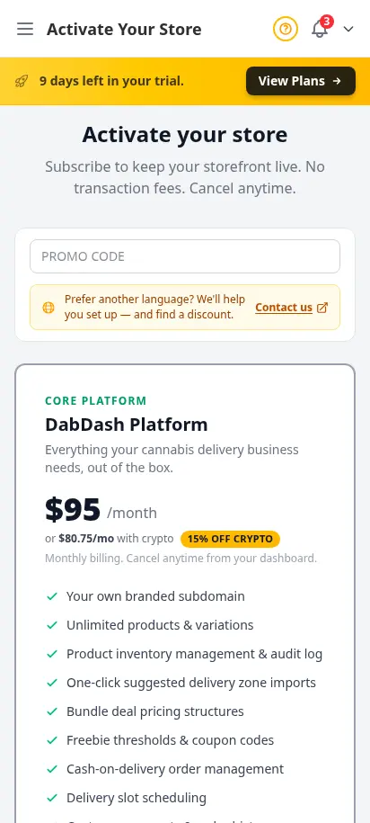 DabDash subscribe page showing plan cards, promo code field, and secure checkout buttons — mobile view
