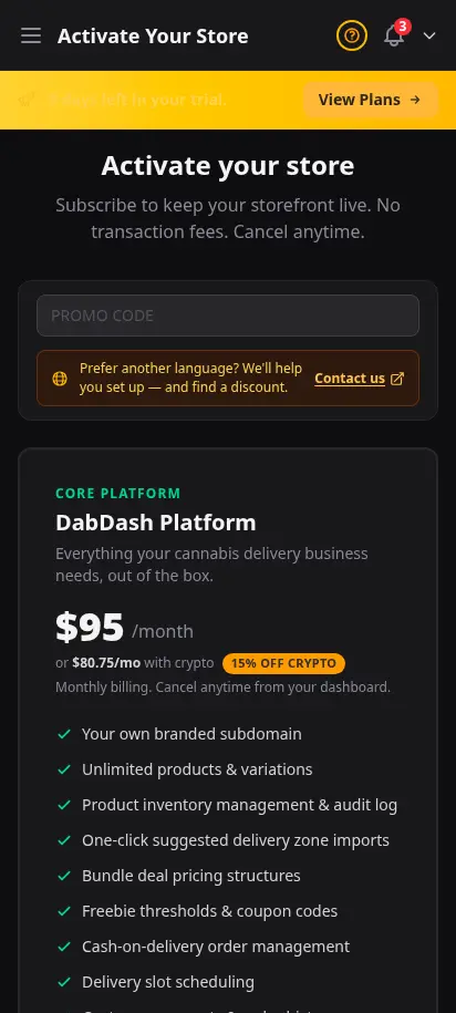 DabDash subscribe page showing plan cards, promo code field, and secure checkout buttons — mobile view