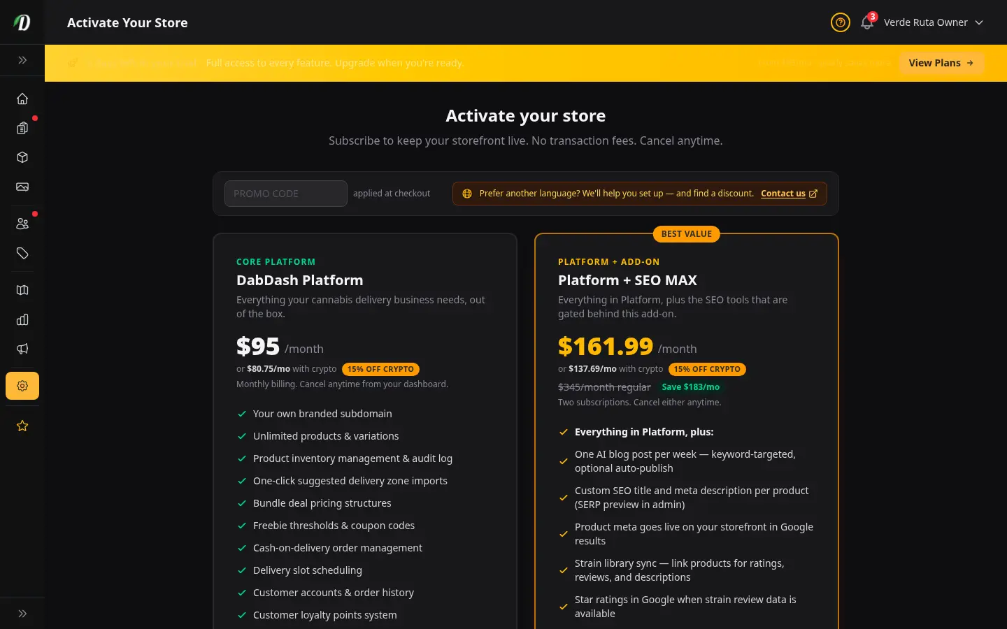 DabDash subscribe page showing plan cards, promo code field, and secure checkout buttons