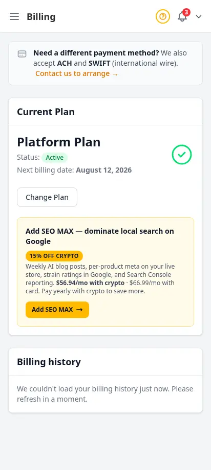 DabDash billing page showing an active paid subscription with renewal details and payment status — mobile view