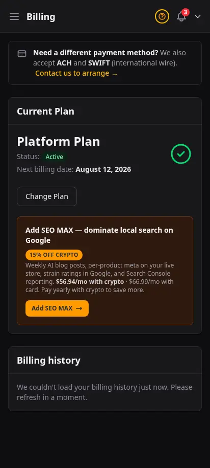 DabDash billing page showing an active paid subscription with renewal details and payment status — mobile view
