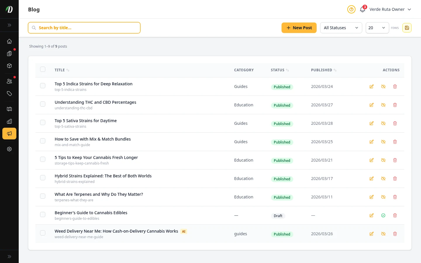 DabDash blog page showing published posts with titles, images, and status badges