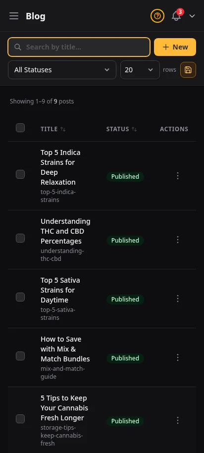 DabDash blog page showing published posts with titles, images, and status badges — mobile view