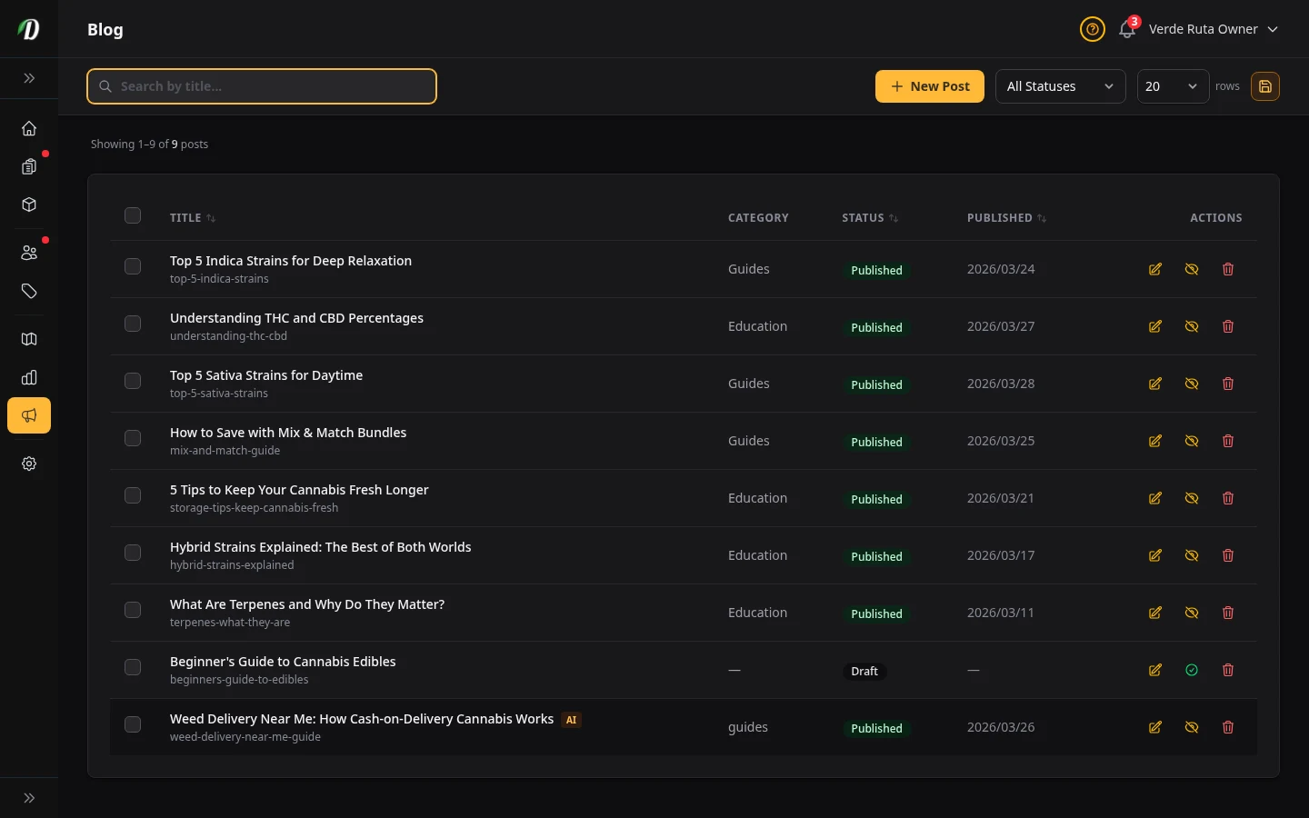 DabDash blog page showing published posts with titles, images, and status badges