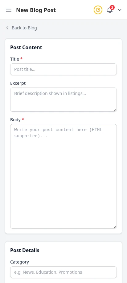 DabDash add blog post form showing title, article body, and publish controls — mobile view