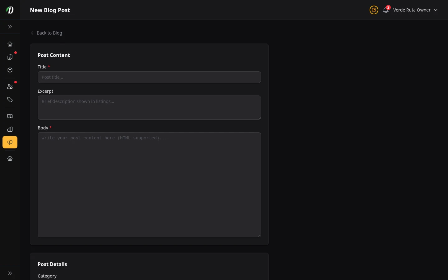 DabDash add blog post form showing title, article body, and publish controls