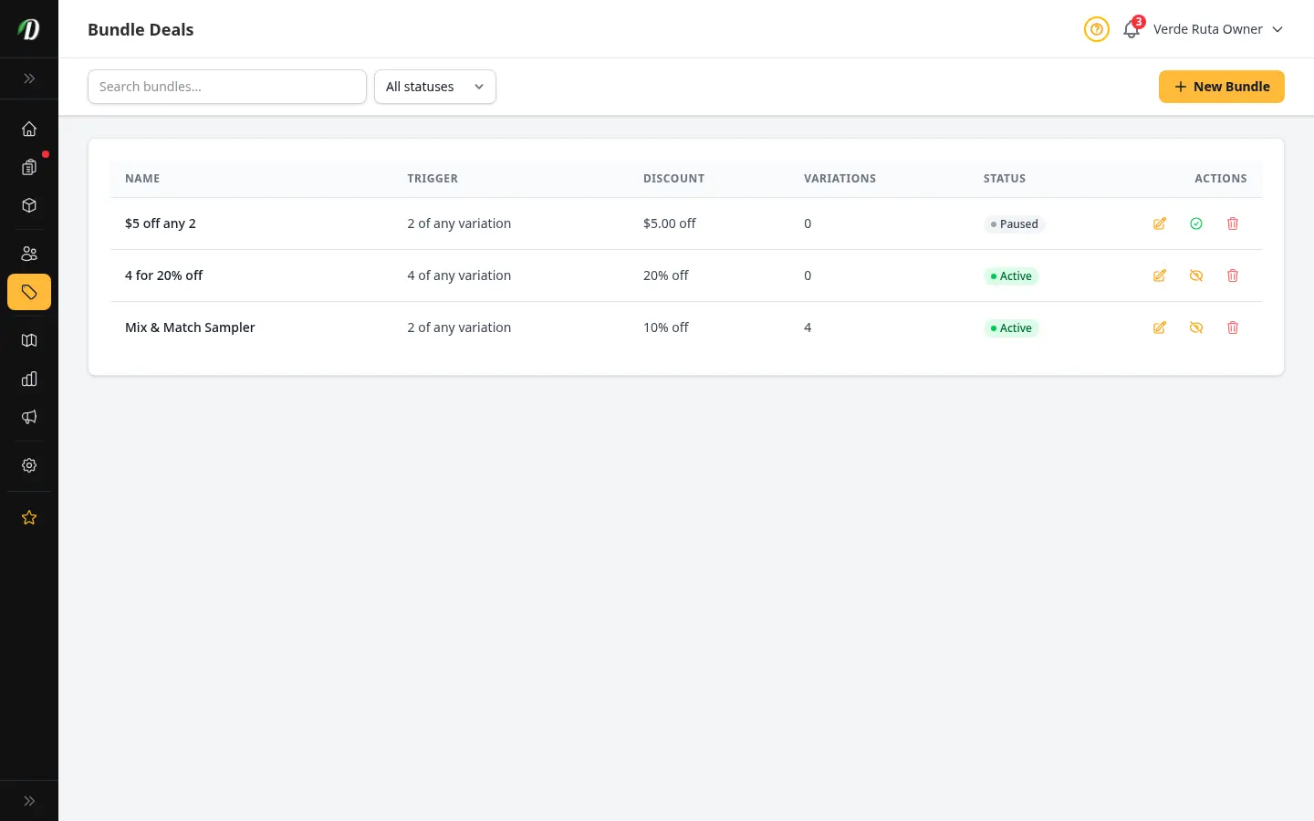 DabDash bundle deals page showing active bundles with trigger quantities, discounts, and variation counts