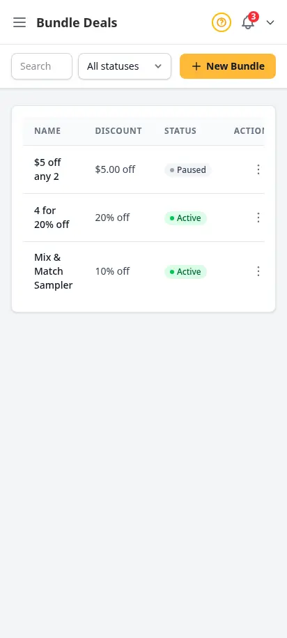 DabDash bundle deals page showing active bundles with trigger quantities, discounts, and variation counts — mobile view