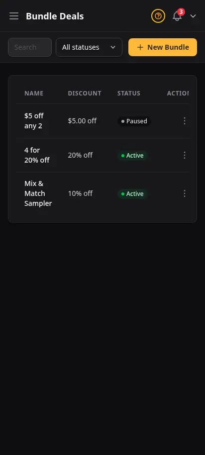 DabDash bundle deals page showing active bundles with trigger quantities, discounts, and variation counts — mobile view